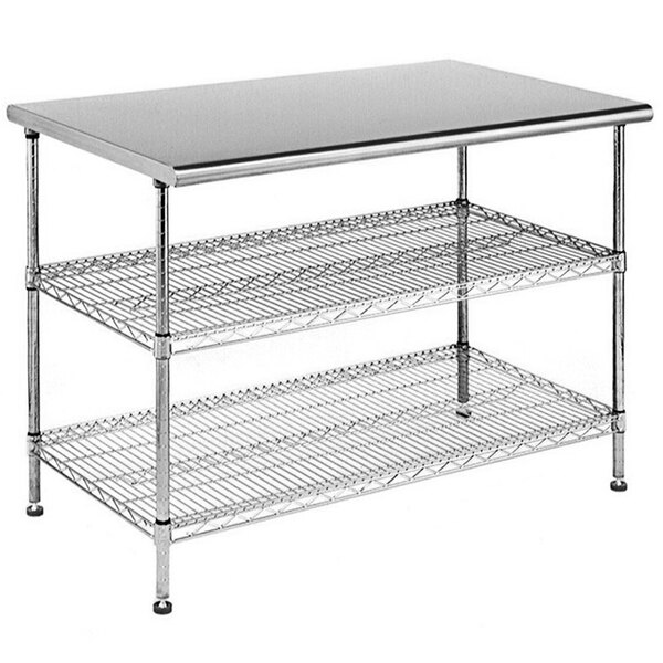 A stainless steel Eagle Group work table with 2 metal shelves.