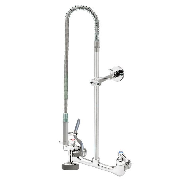 A T&S chrome wall mounted pre-rinse faucet with a hose and sprayer.