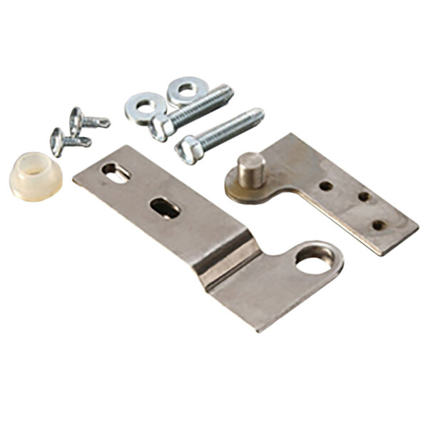 A close-up of a True top left metal hinge kit with screws and nuts.