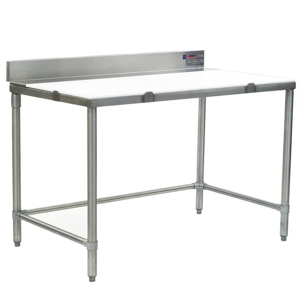 A stainless steel Eagle Group poly top cutting table on an open metal base.
