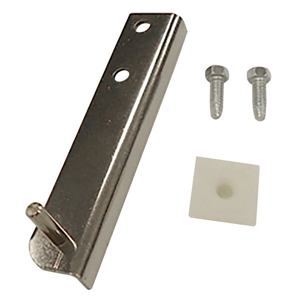 A metal bracket with screws and a bolt.