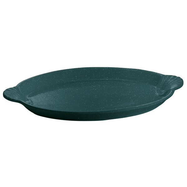A Tablecraft hunter green cast aluminum oval shell platter with white speckle and a handle.