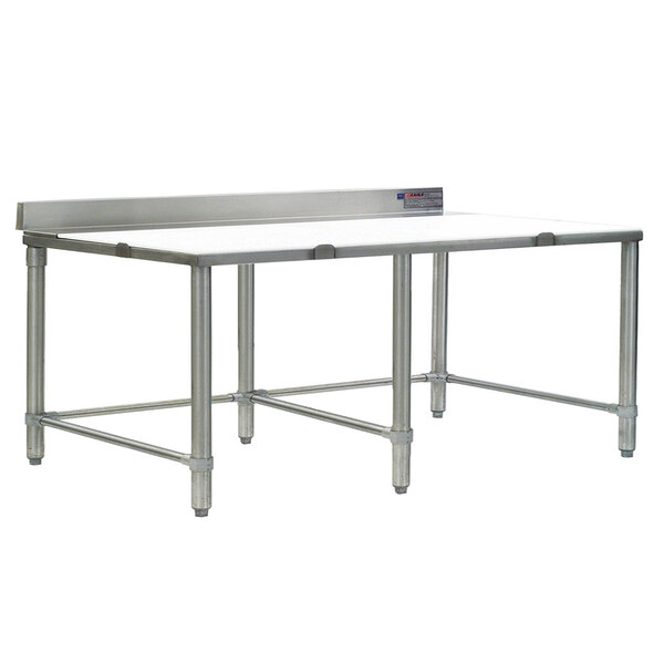 An Eagle Group stainless steel work table with a white poly top and metal legs.