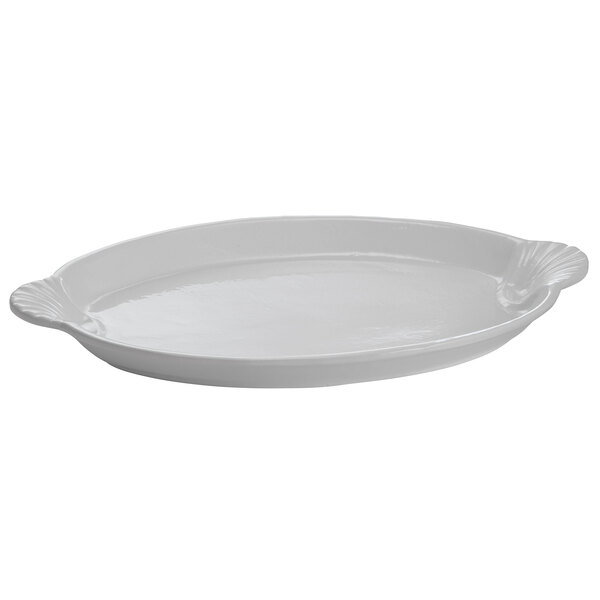 A gray cast aluminum oval shell platter with handles.