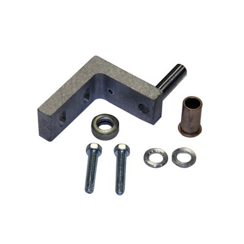 A metal corner hinge with screws and nuts.