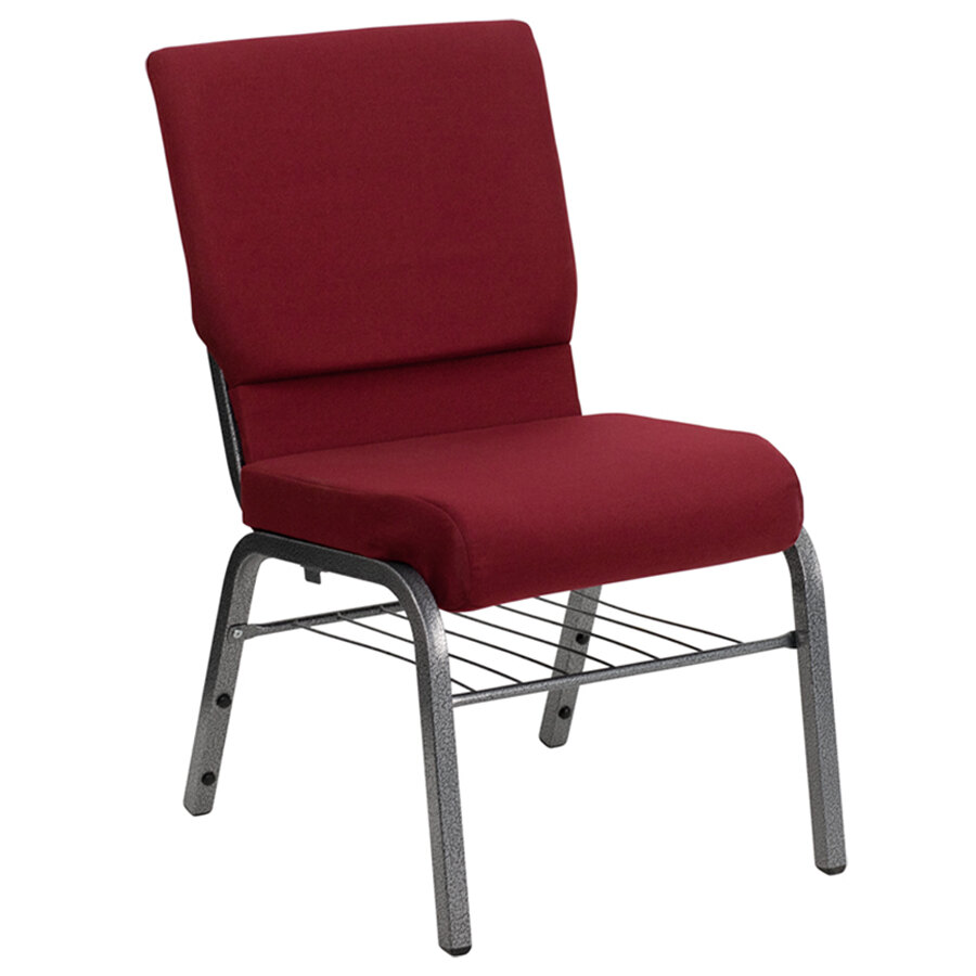 Burgundy 18 1/2" Wide Church Chair with Book Rack Silver Vein Frame