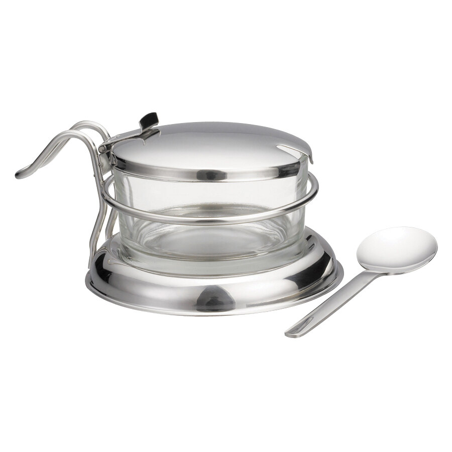 Tablecraft 357 6 oz Glass Condiment Jar with Holder, Lid & Spoon