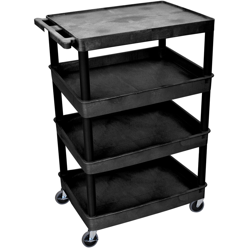 Luxor / H. Wilson TC2111B Black Heavy Duty Utility Cart with 1 Upper Flat Shelf and 3 Lower Tub