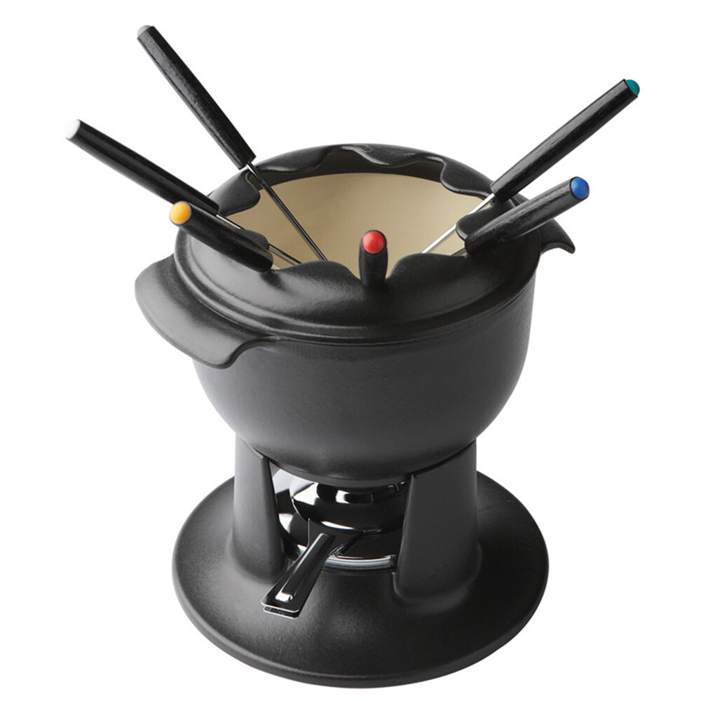 Matfer 070971 1 Qt. Enameled Cast Iron Fondue Pot with Forks