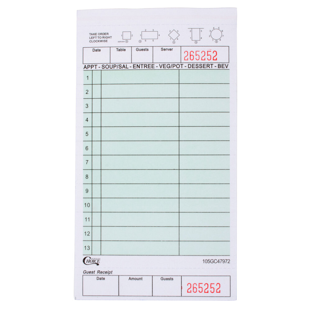 Choice 2 Part Green and White Carbonless Guest Check with Beverage