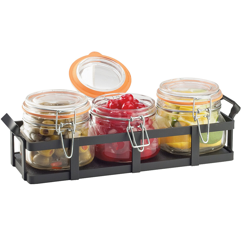 CalMil 333513 Black Rustic Jar Condiment Display with 17 oz. Jars