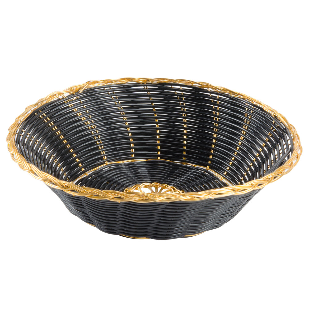 7 3/4" Round Polypropylene Black Woven Bread Basket with Gold Trim 12