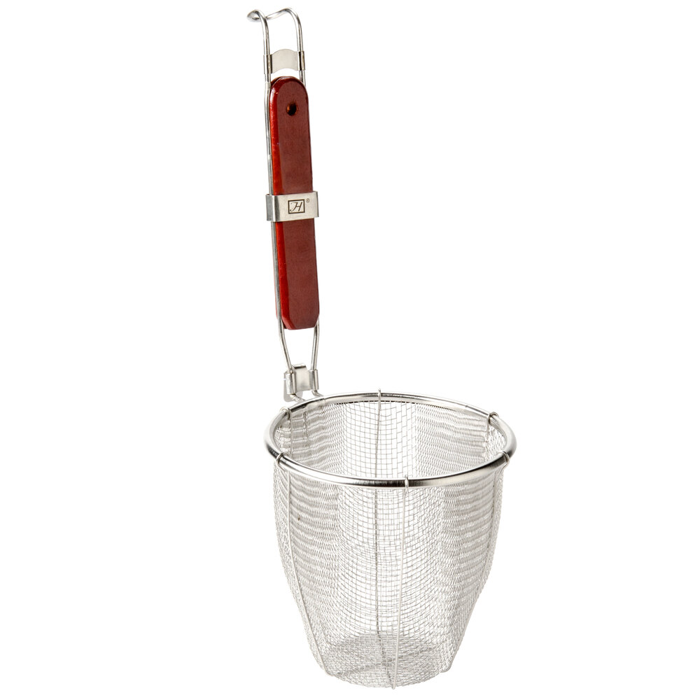 ... Stainless Steel Pasta StrainerBlanching Basket with Wood Handle