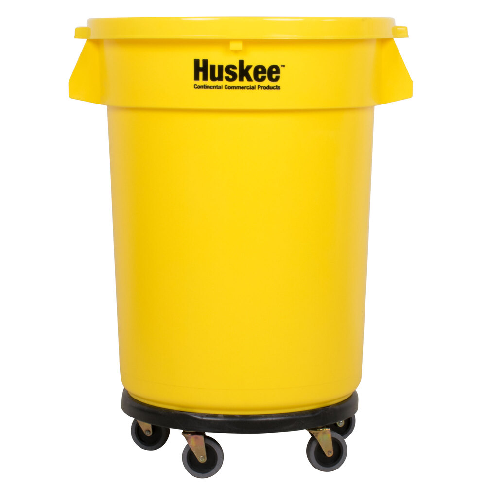 Continental 3200YW Huskee 32 Gallon Yellow Trash Can with, Yellow Lid, and Black Trash Can Dolly Kit