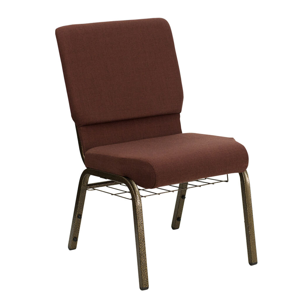 Brown 18 1/2" Wide Church Chair with Communion Cup Book Rack Gold