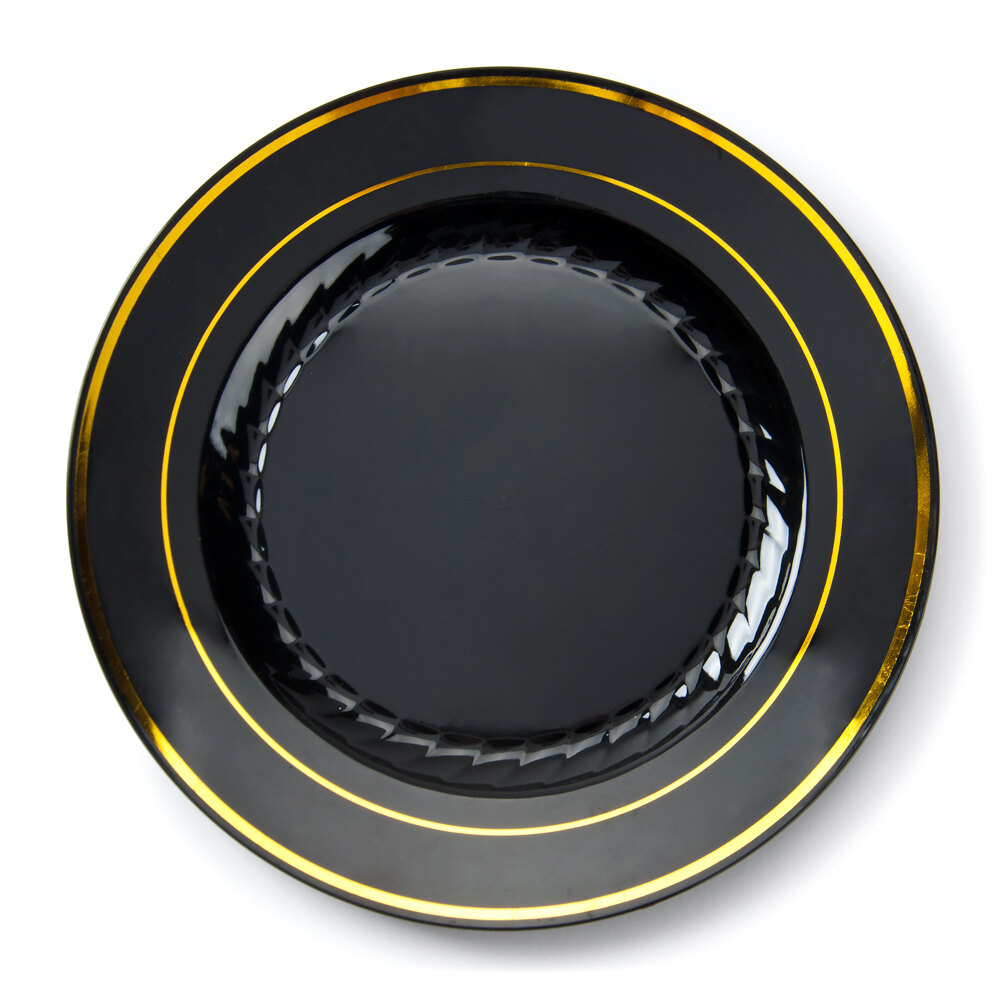 Fineline Gold Splendor 510BKG Black 10" Plastic Plate with Gold Bands
