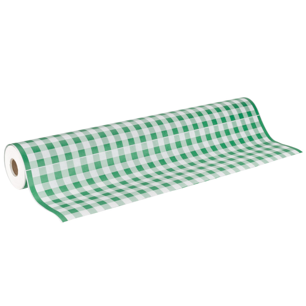 40" x 300' Paper Table Cover with Green Gingham Pattern