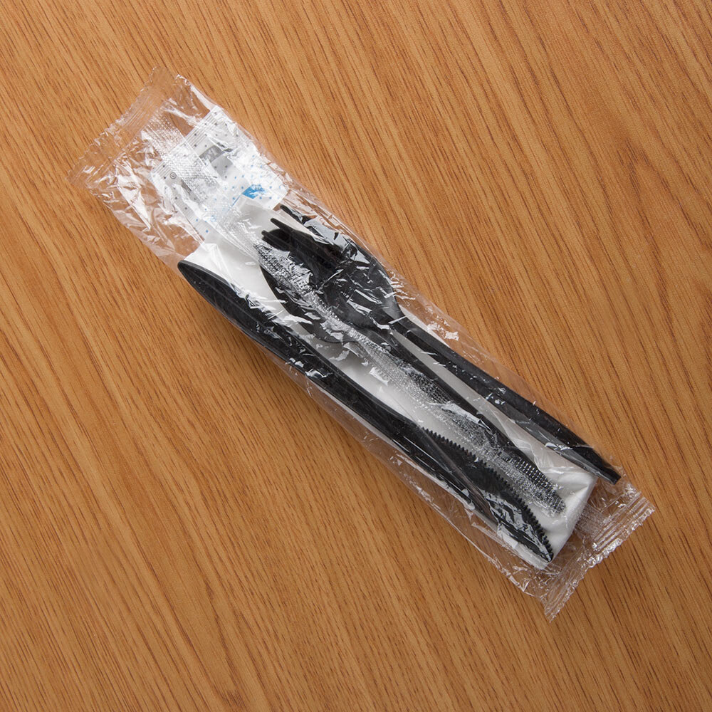 Choice Black Plastic Cutlery Pack with Napkin and Salt and Pepper Packets 250 / Case