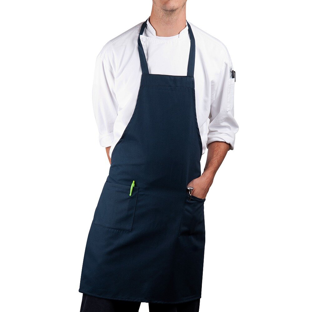 Choice Navy Blue Full Length Bib Apron with Pockets 30"L x 34"W