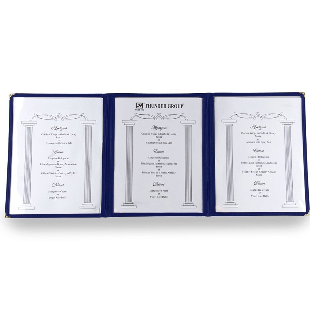 8 1/2" x 11" Blue Three Pocket Fold Over Menu Cover