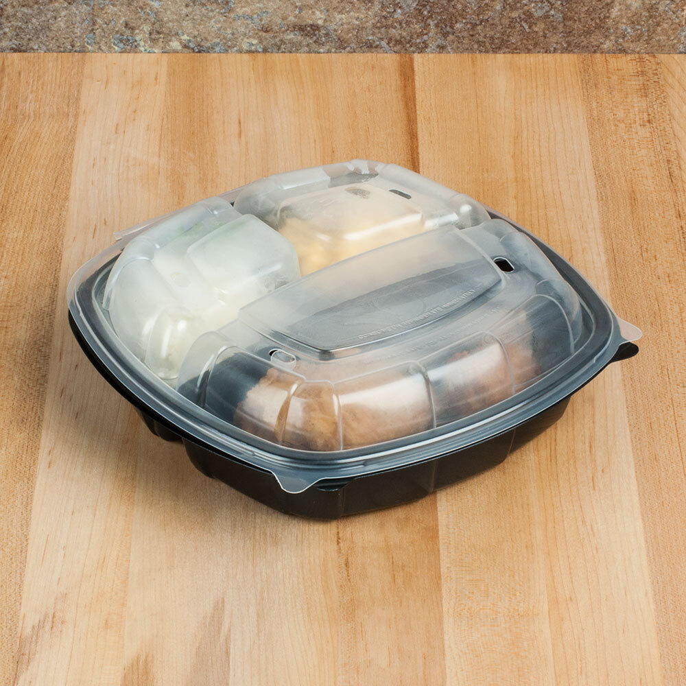 9" x 9" x 3" Medium 3 Compartment Microwaveable Plastic Hinged TakeOut