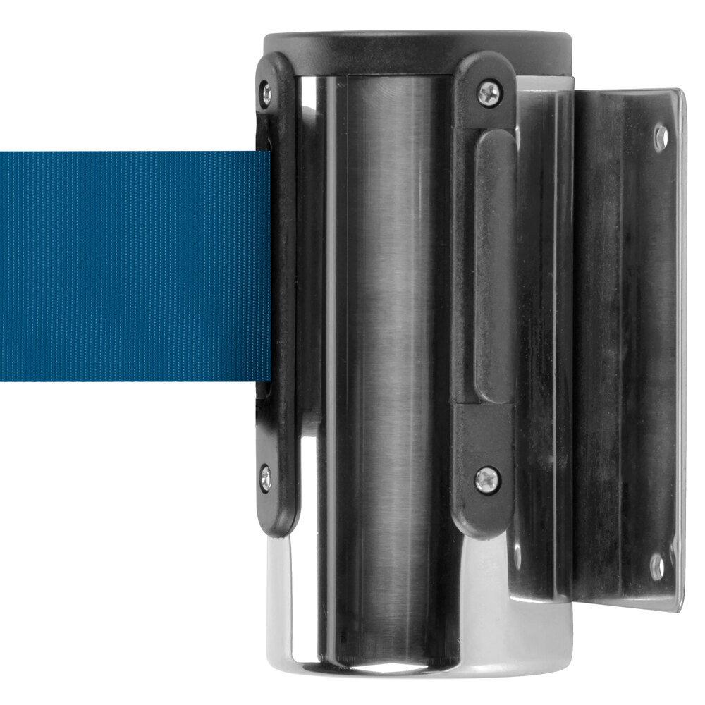 Chrome WallMount Stanchion with 7' Blue Retractable Belt