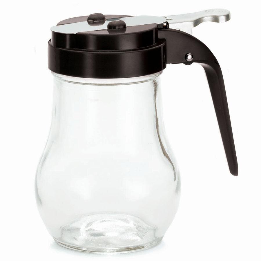 Tablecraft 406BK 6 oz. Glass Teardrop Syrup Dispenser with Black ABS