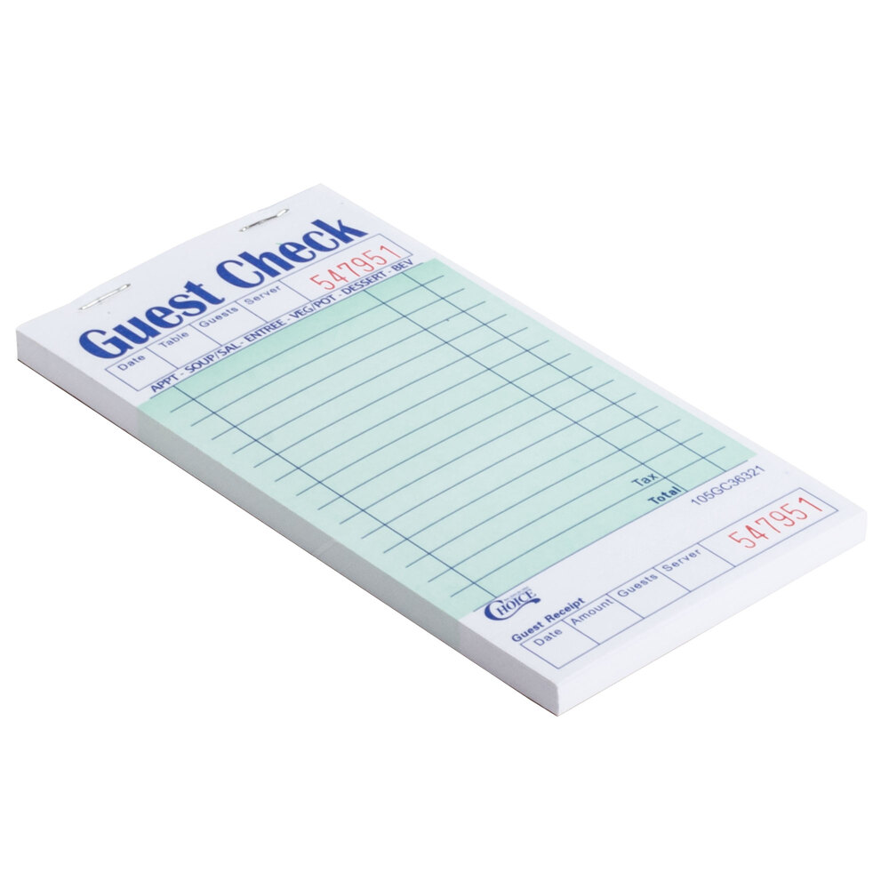 Choice 1 Part Green and White Guest Check with Bottom Guest Receipt