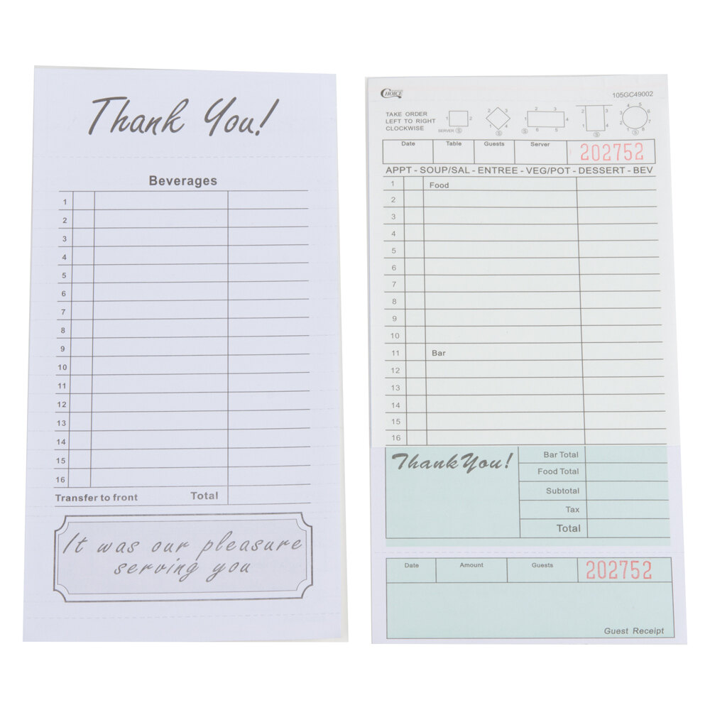 Choice 2 Part Segmented Green and White Carbonless Guest Check with
