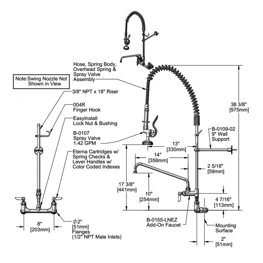 T&S B01330136H Easy Install Wall Mount Pre Rinse Faucet with 14" Add