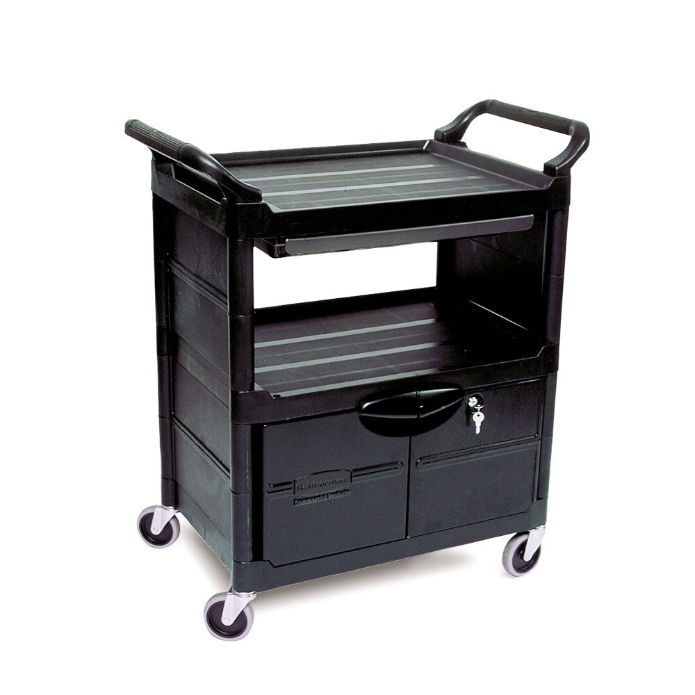 Rubbermaid FG345700 Black Utility Cart with Lockable Doors and Sliding