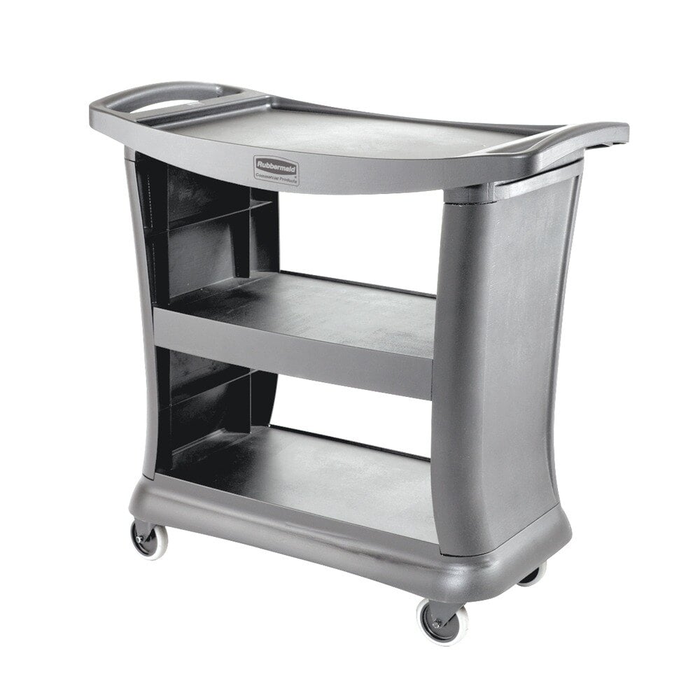 Rubbermaid FG9T6800 Gray Executive Three Shelf Bussing Cart