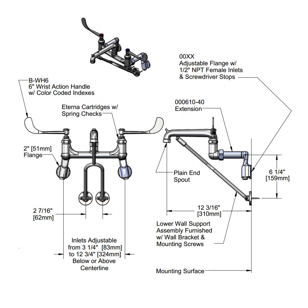 T&S B065003 Wall Mount Mop Sink Faucet with 8" Adjustable Arm Centers