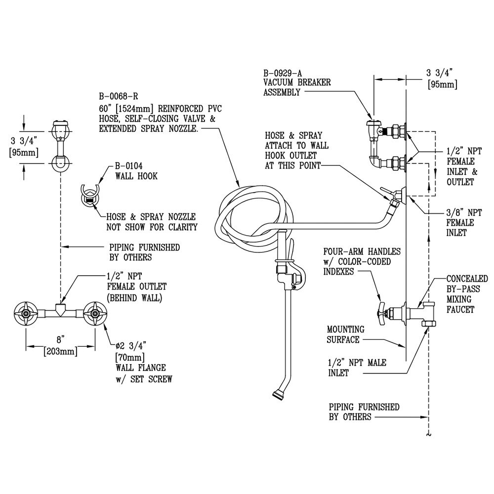 T&S B0680 Bed Pan Washer with 8" Centers, B0068R PVC Hose, Extended