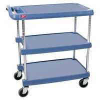 Metro myCart MY1627-34BU Blue Antimicrobial Utility Cart with Three Shelves and Chrome Posts - 18" x 32"