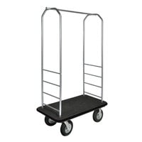 CSL 2099BK-010 Brushed Stainless Steel Finish Customizable Bellman's Cart with Rectangular Black Carpet Base, Black Bumper, Clothing Rail, and 8" Black Pneumatic Casters - 43" x 23" x 72 1/2"