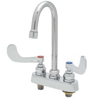T&S B-1141-02A-WH4 Deck Mount Workboard Faucet with Wrist Action Handles, 4" Centers, 4 3/8" Gooseneck, Escutcheon and Tailpieces