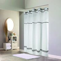 Hookless HBH40MYS0110SL74 White with Black Stripe Escape Shower Curtain with Chrome Raised Flex-On Rings, It's A Snap! Polyester Liner with Magnets, and Poly-Voile Translucent Window - 71" x 74"