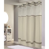 Hookless HBH40ES221 Sand with Brown Stripe Escape Shower Curtain with Chrome Raised Flex-On Rings, It's A Snap! Polyester Liner with Magnets, and Poly-Voile Translucent Window - 71" x 74"