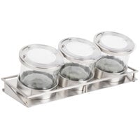 Cal-Mil 1850-4-55NL Mixology Stainless Steel 3 Jar Horizontal Display with 16 oz. Jars, Notched Lids, and Cooling Pucks - 13 1/2" x 5" x 4 3/4"