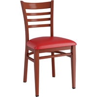 Lancaster Table & Seating Spartan Series Metal Ladder Back Chair with Mahogany Wood Grain Finish and Red Vinyl Seat - Detached Seat