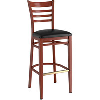 Lancaster Table & Seating Spartan Series Metal Ladder Back Bar Stool with Mahogany Wood Grain Finish and Black Vinyl Seat - Assembled