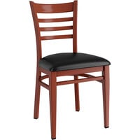Lancaster Table & Seating Spartan Series Metal Ladder Back Chair with Mahogany Wood Grain Finish and Black Vinyl Seat - Detached Seat