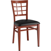 Lancaster Table & Seating Spartan Series Metal Window Back Chair with Mahogany Wood Grain Finish and Black Vinyl Seat - Assembled