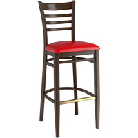 Lancaster Table & Seating Spartan Series Metal Ladder Back Bar Stool with Dark Walnut Wood Grain Finish and Red Vinyl Seat - Assembled