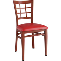 Lancaster Table & Seating Spartan Series Metal Window Back Chair with Mahogany Wood Grain Finish and Red Vinyl Seat - Assembled