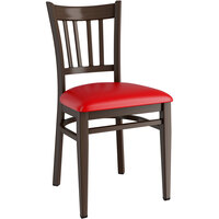 Lancaster Table & Seating Spartan Series Metal Slat Back Chair with Dark Walnut Wood Grain Finish and Red Vinyl Seat - Assembled