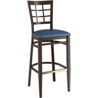 Lancaster Table & Seating Spartan Series Metal Window Back Bar Stool with Dark Walnut Wood Grain Finish and Navy Vinyl Seat - Assembled