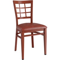 Lancaster Table & Seating Spartan Series Metal Window Back Chair with Mahogany Wood Grain Finish and Burgundy Vinyl Seat