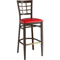 Lancaster Table & Seating Spartan Series Metal Window Back Bar Stool with Dark Walnut Wood Grain Finish and Red Vinyl Seat - Assembled
